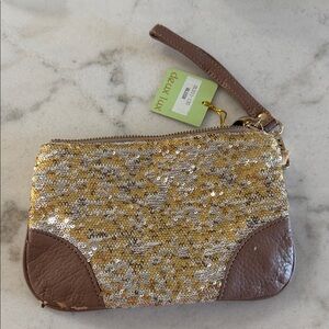 Deux Lux Gold & Silver Sequin Wristlet with Brown Leather Accents